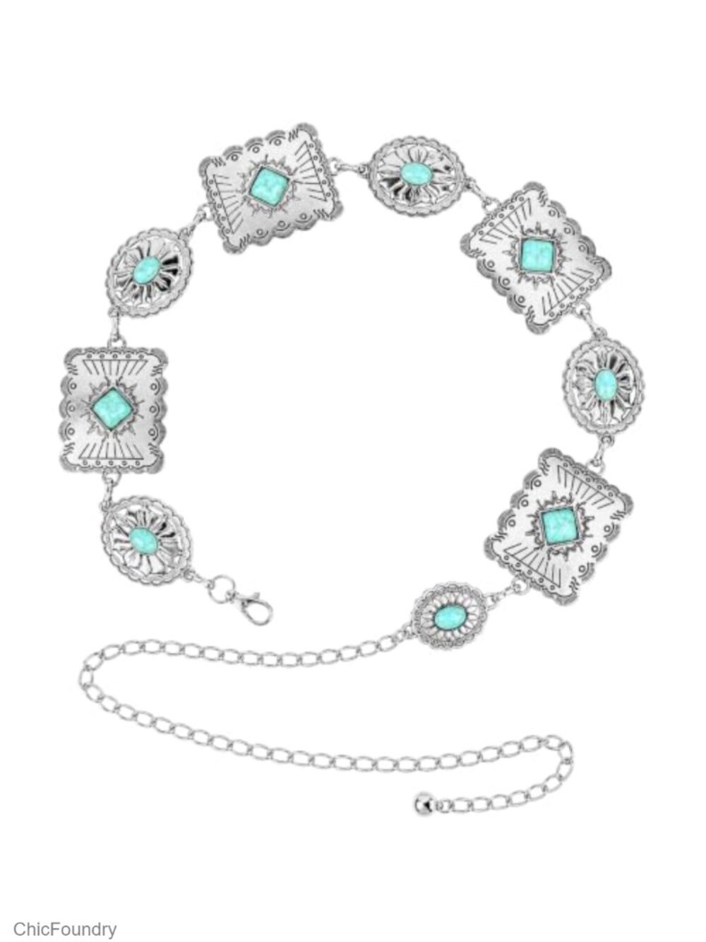Western Concho Chain Belt with Faux Turquoise - Adjustable Waist Chain for Women